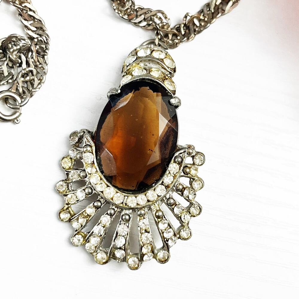 Art Deco Vintage Pendant Necklace with Topaz Colored Brown Glass Stone